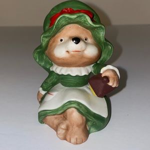Vintage HOMCO Porcelain Mrs. Claus Bear holding Lantern in Green Dress